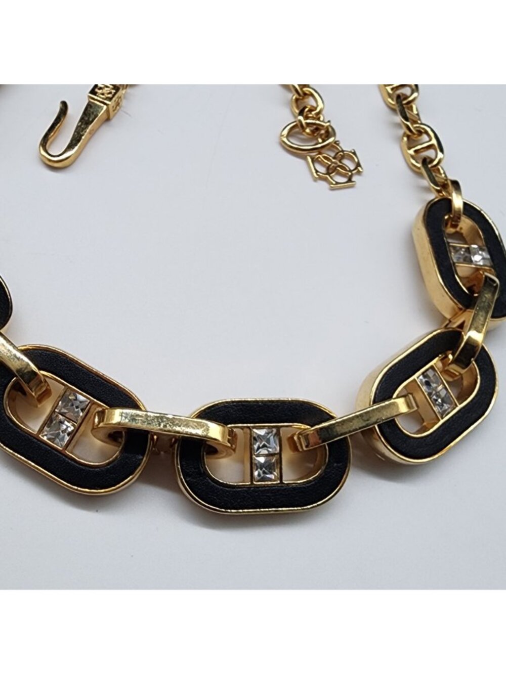 Ann Taylor Bracelet & Necklace Set Inlay Black Leather Gold Tone Chunky Chain VT - Picture 7 of 9